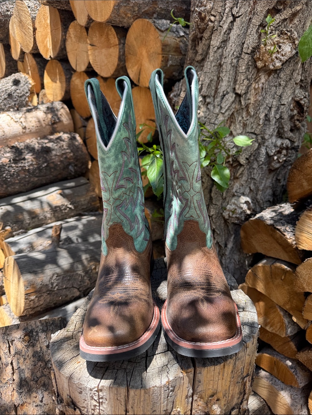 Laredo Brown Leather Foot and Mint Green Stitch Shaft Heeled Cowboy Boots - Picture 2 of 6